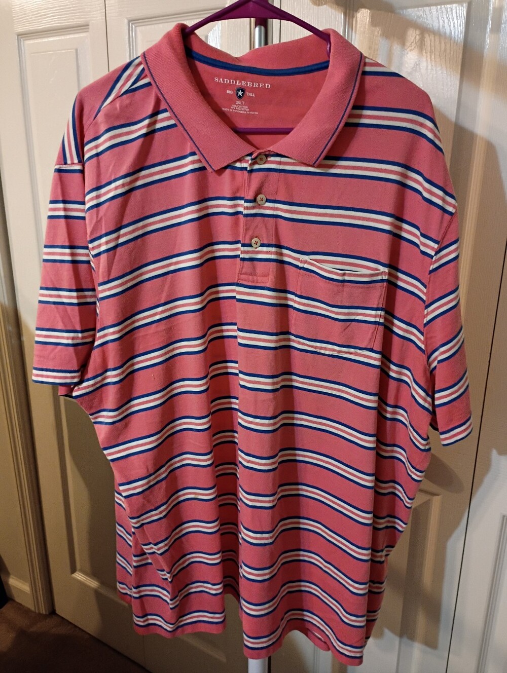 Saddlebred Coral Pink Striped Polo with Blue & White Accents